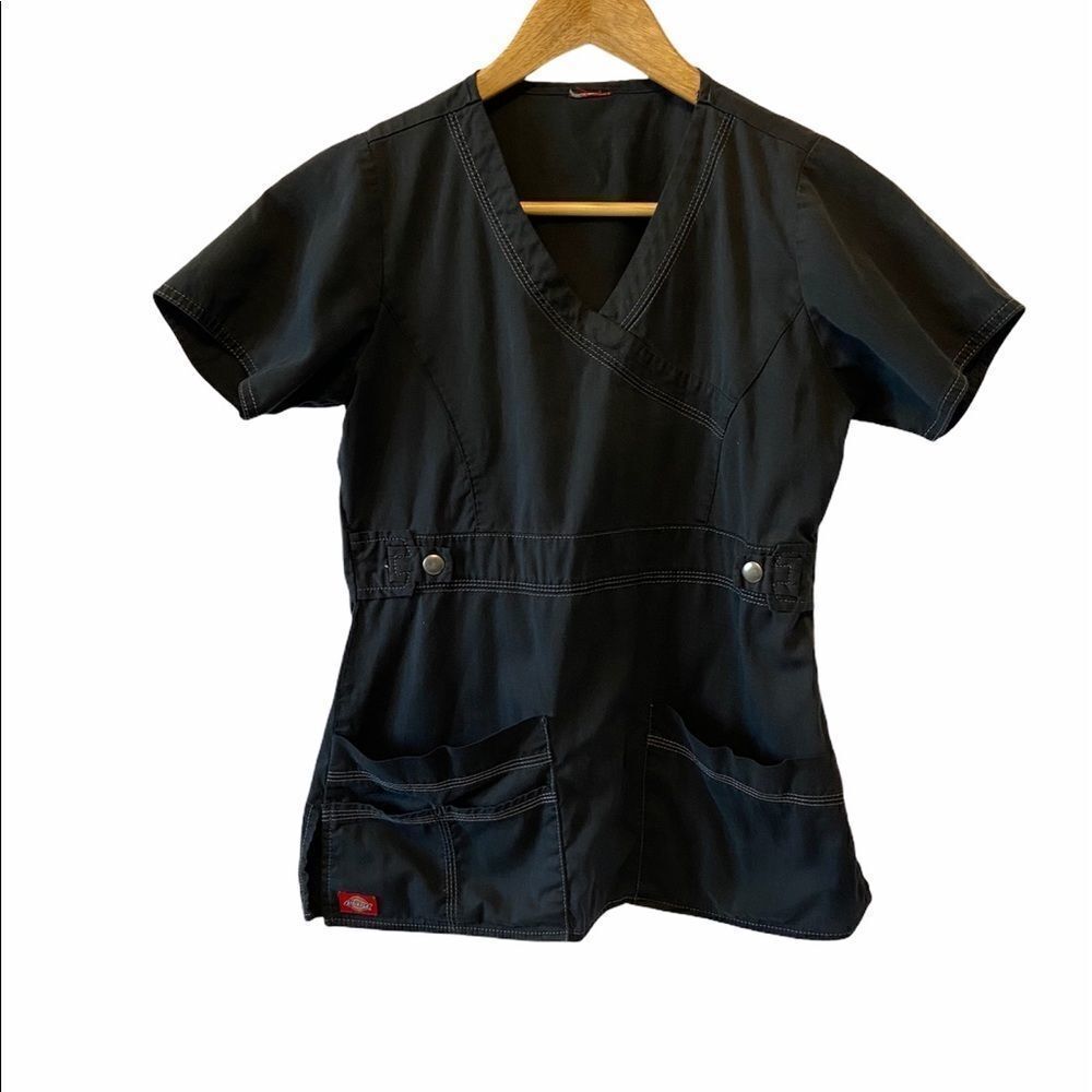 DICKIES Black Utility V Neck Fitted Pockets Top M